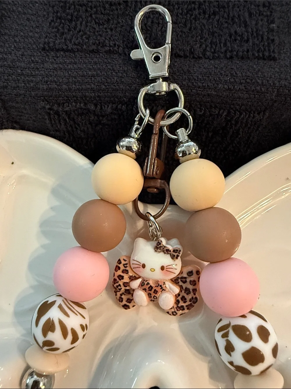 Leopard Cat Beaded Keychain for Kids - Pink & Brown